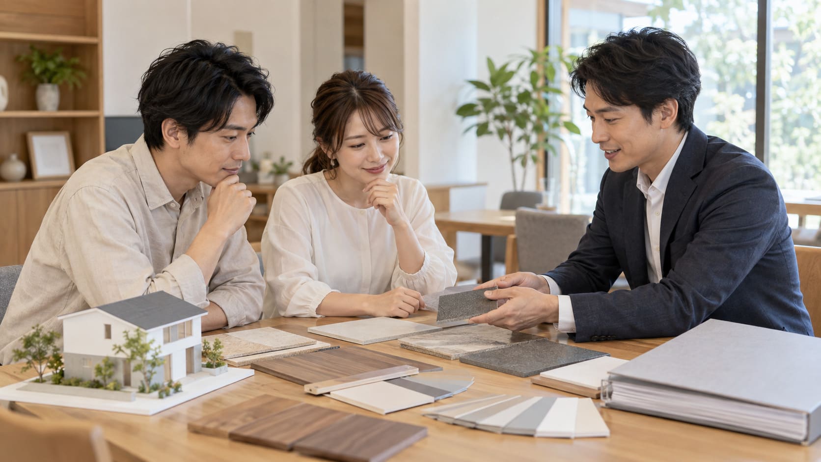 注文住宅の模型と外壁・床材のサンプルを見ながら打ち合わせる日本人夫婦と住宅担当者