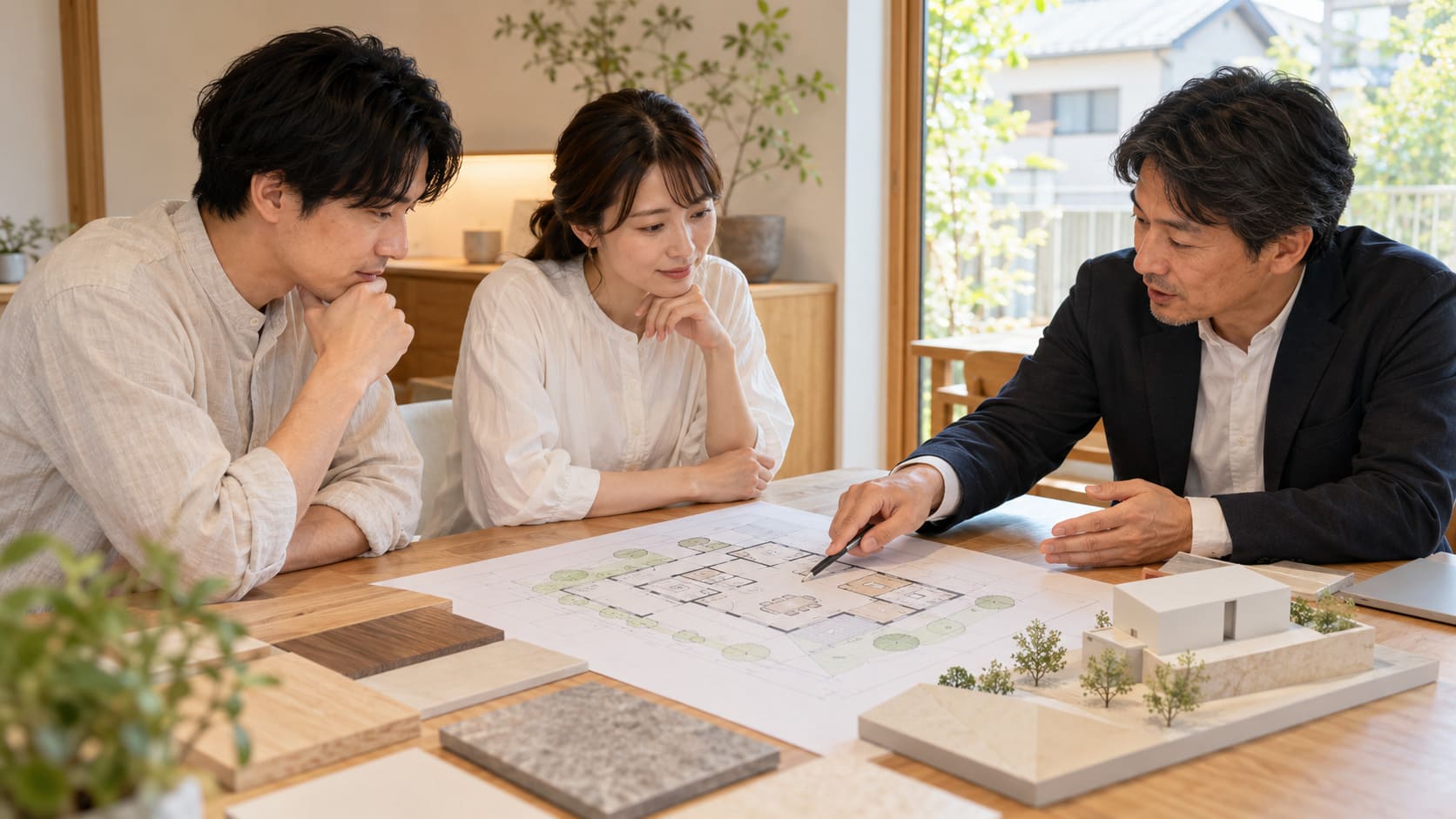 注文住宅の間取りや設備について相談するイメージ