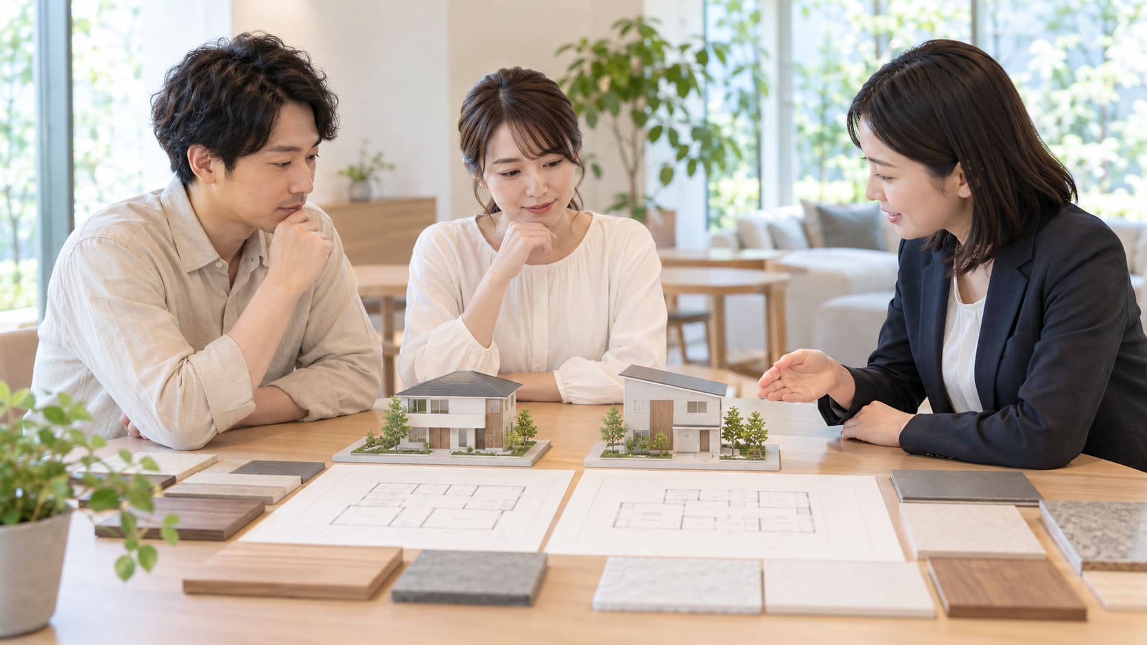 2つの住宅模型と間取り図、素材サンプルを見比べる注文住宅の相談風景