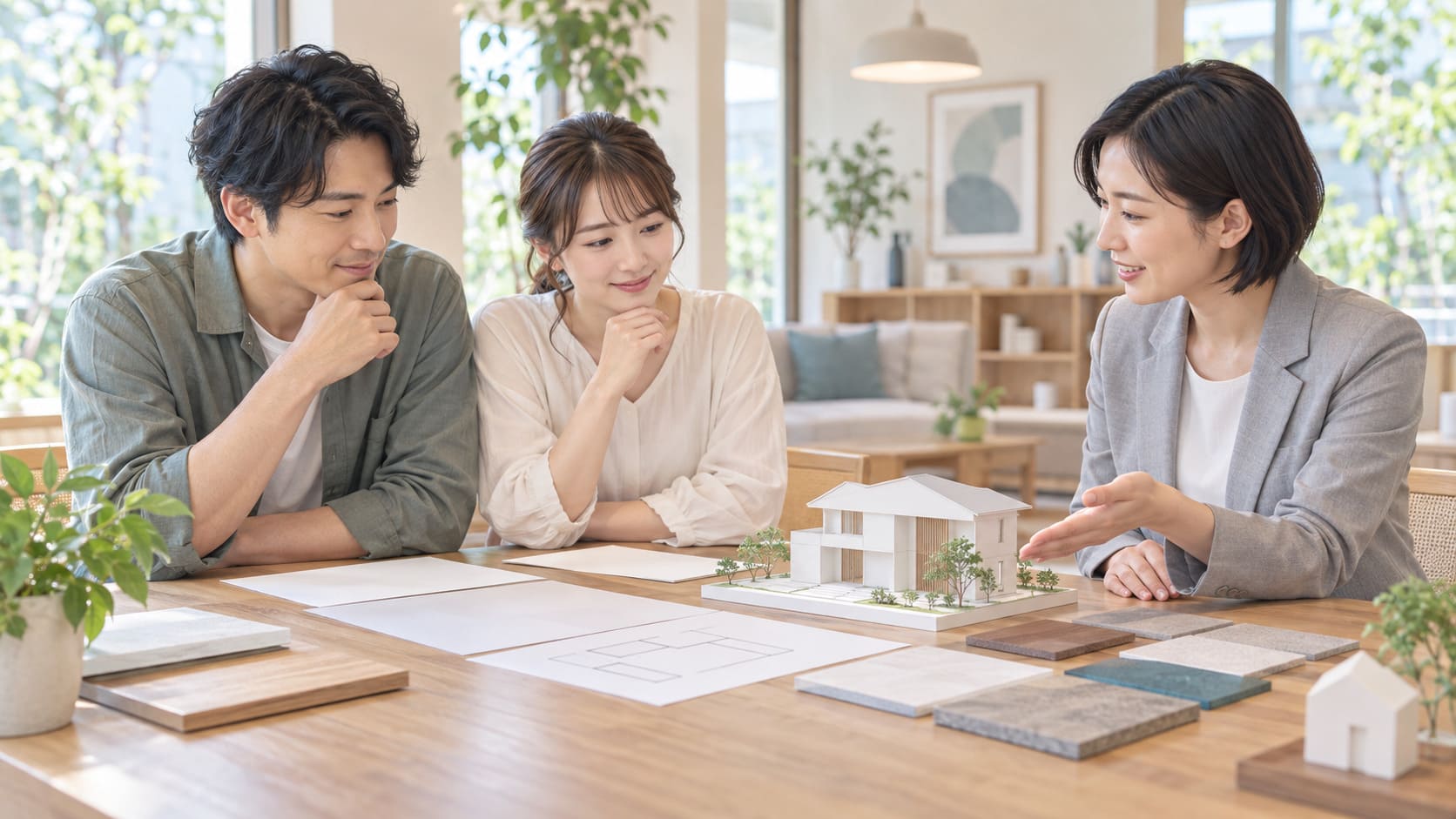 住宅模型と素材サンプルを囲み、担当者と注文住宅の仕様を検討する夫婦