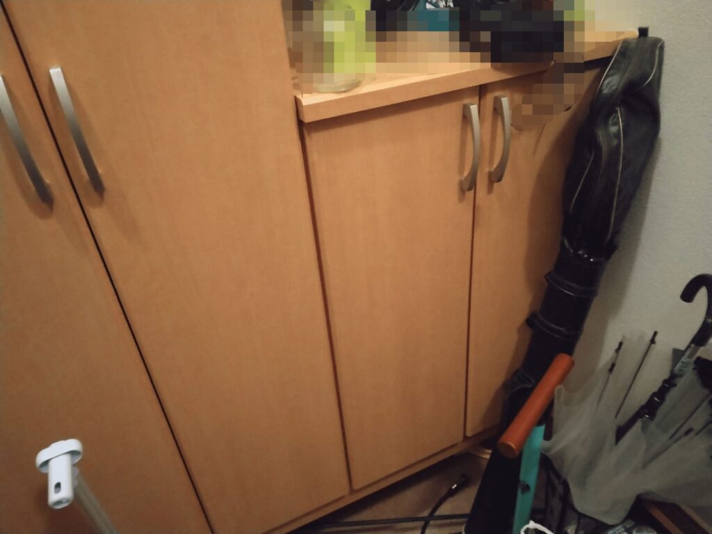 木目調の玄関収納と傘が置かれた実家の玄関