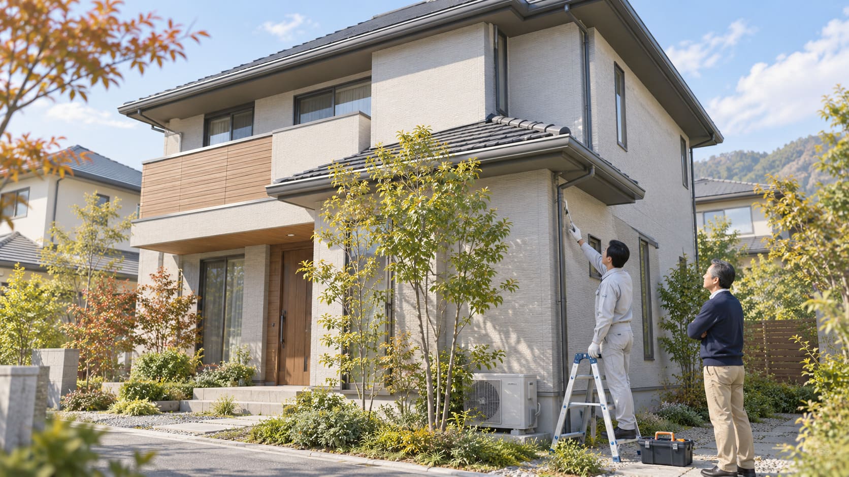 戸建て住宅の外壁と雨どいを点検する作業員と見守る男性