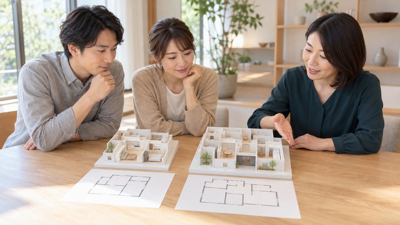 広さの異なる住宅模型を見ながら間取りを比較する夫婦と設計担当者