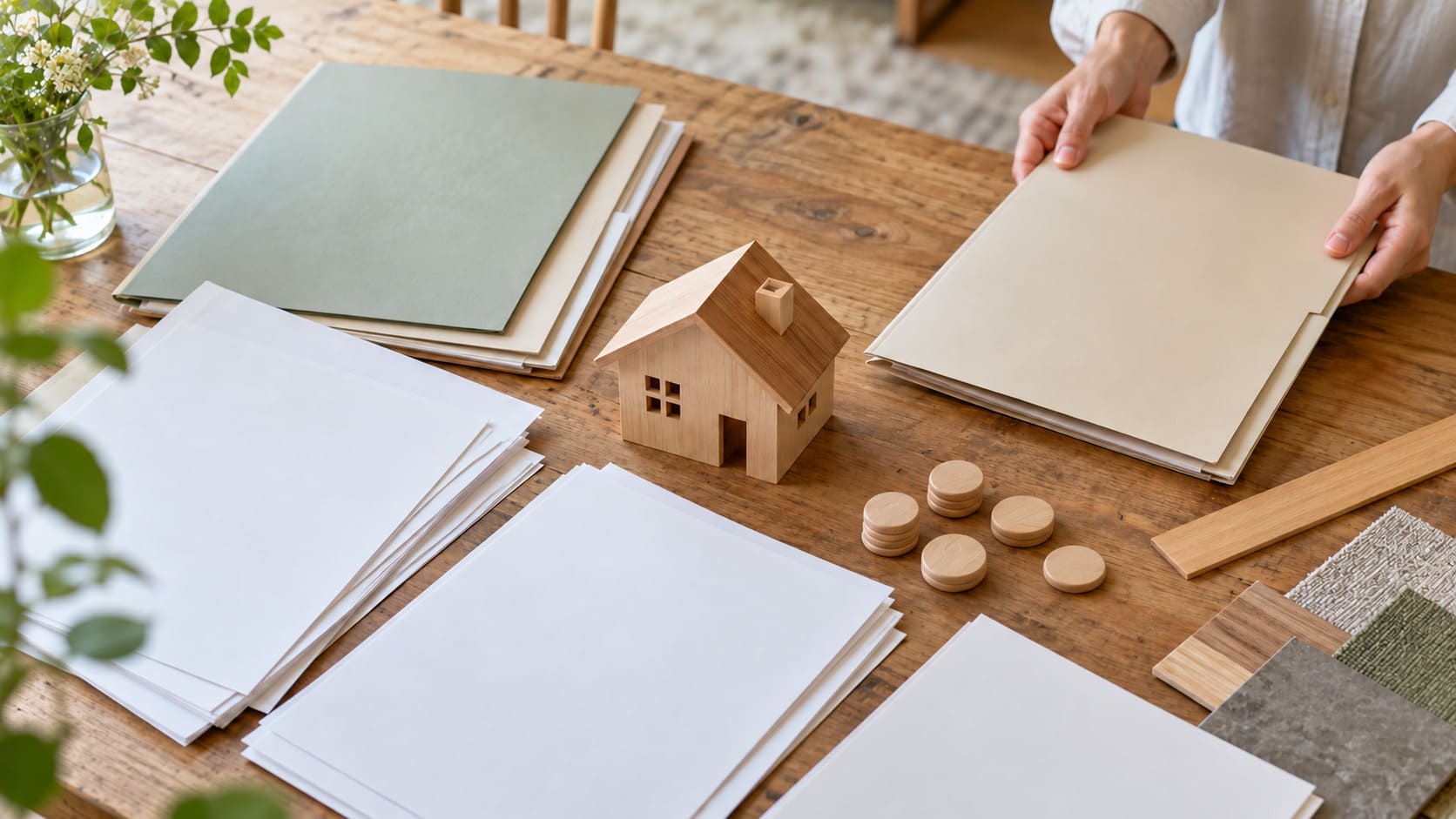 住宅模型と書類を机に並べて家づくりの予算を整理するイメージ
