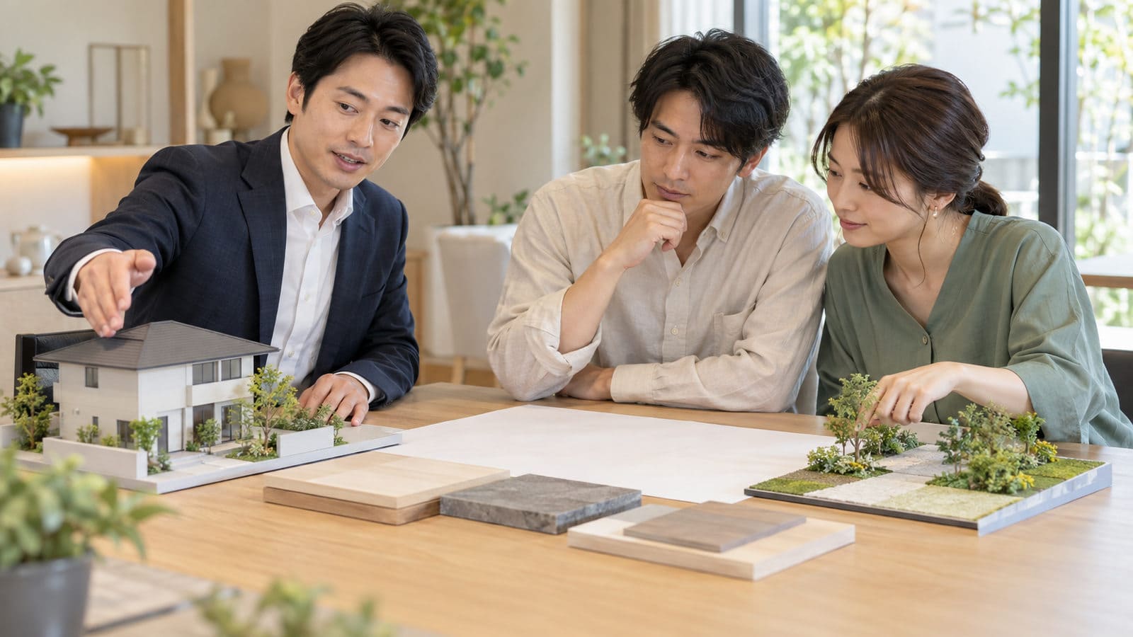 住宅模型を前に担当者の説明を聞く二人
