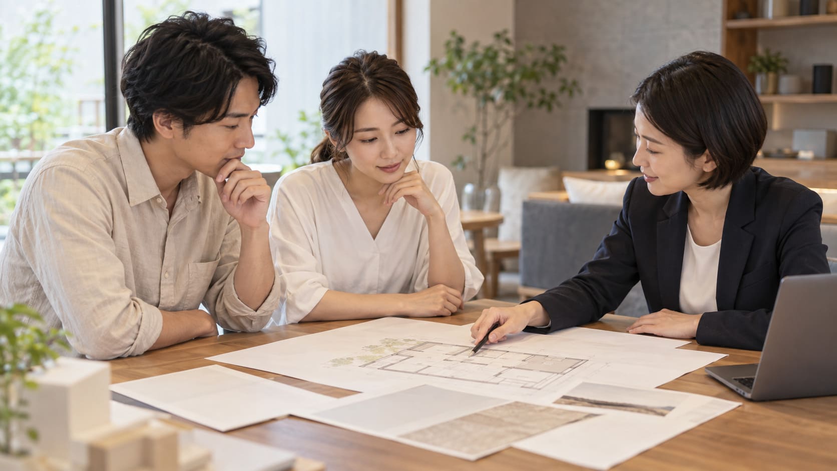 日本人の夫婦と担当者がテーブルで住宅の間取り図を確認している様子