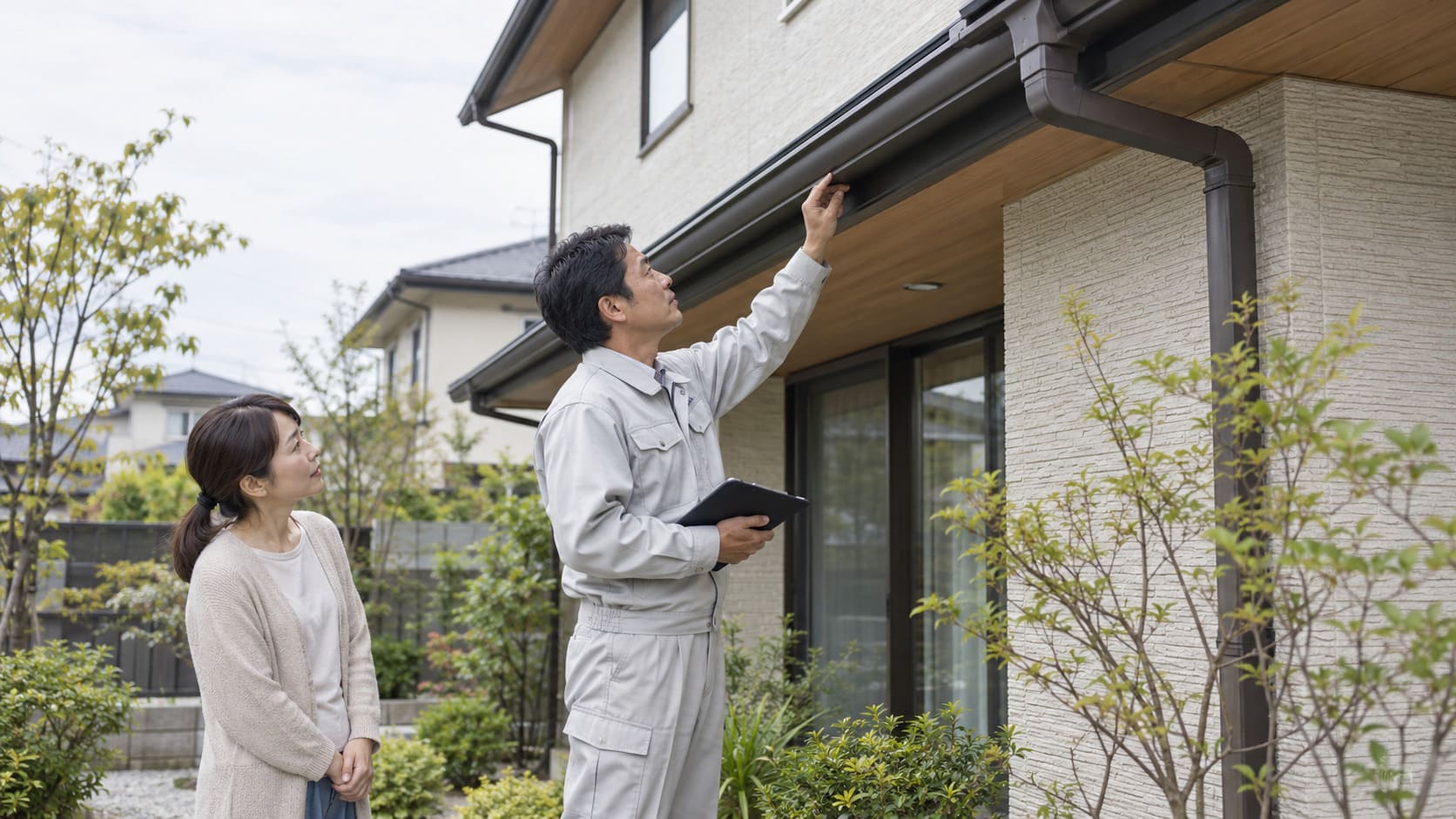 戸建て住宅の外壁や雨どいを点検するイメージ