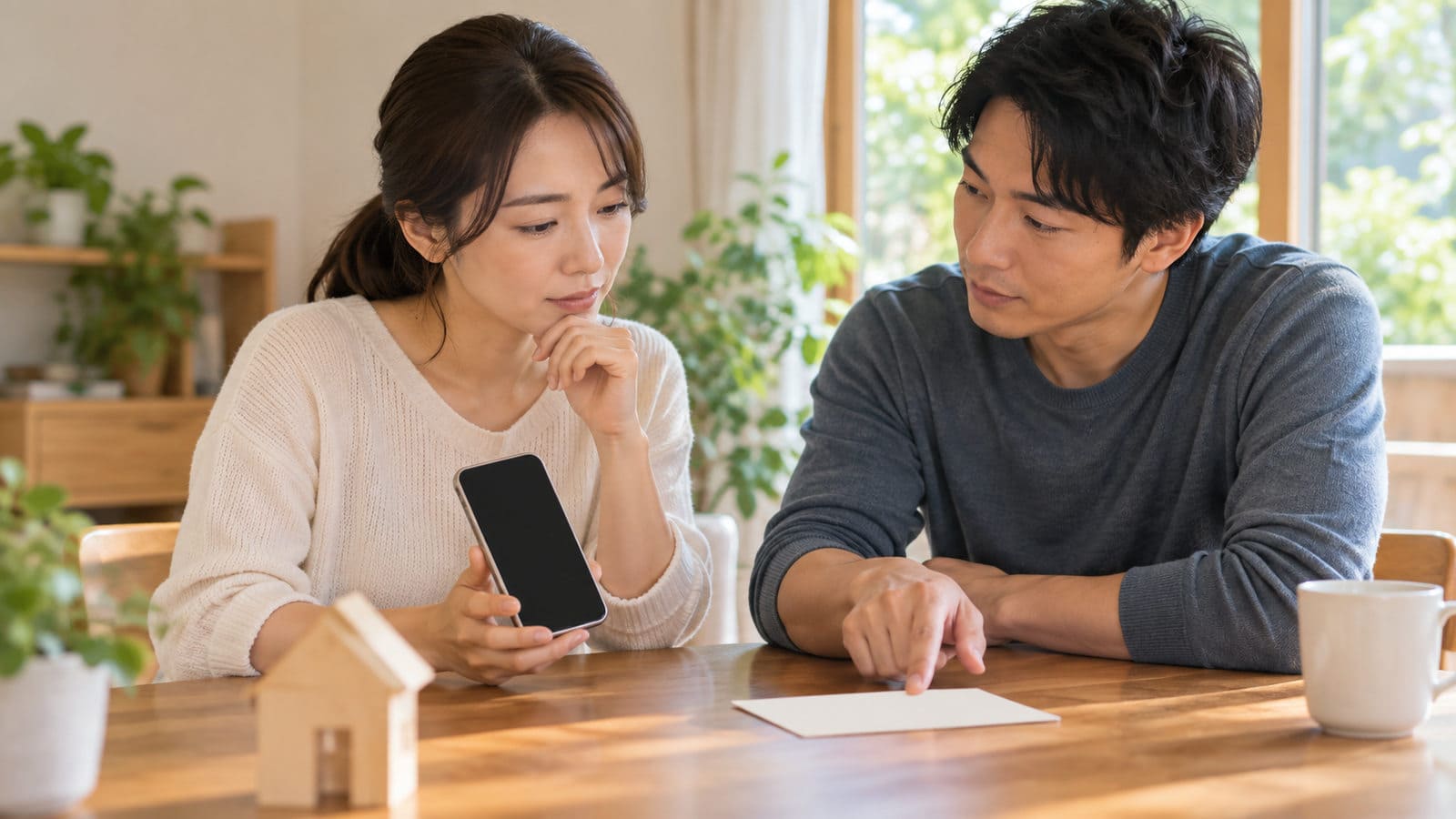 自宅でスマートフォンを見ながら家づくりについて相談する二人