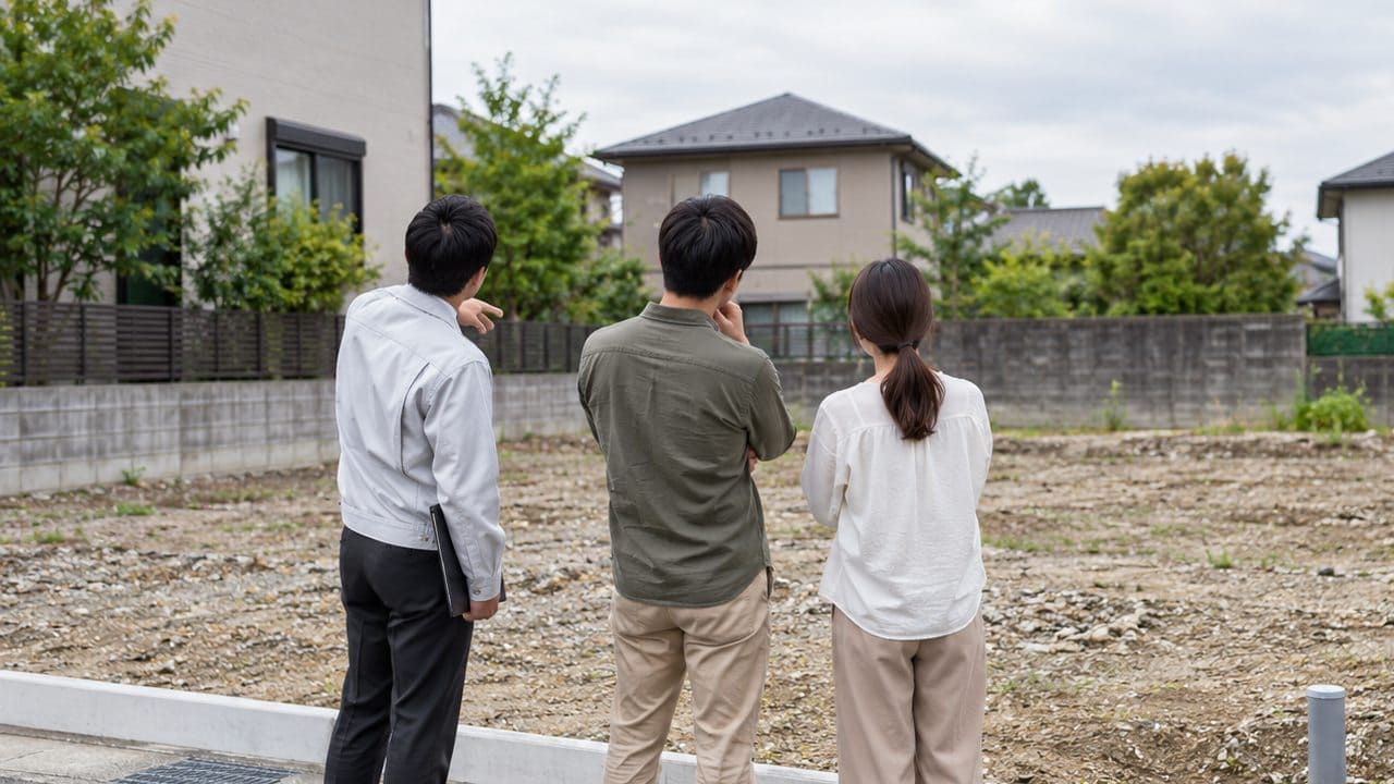 住宅用地を見ながら相談する3人の後ろ姿