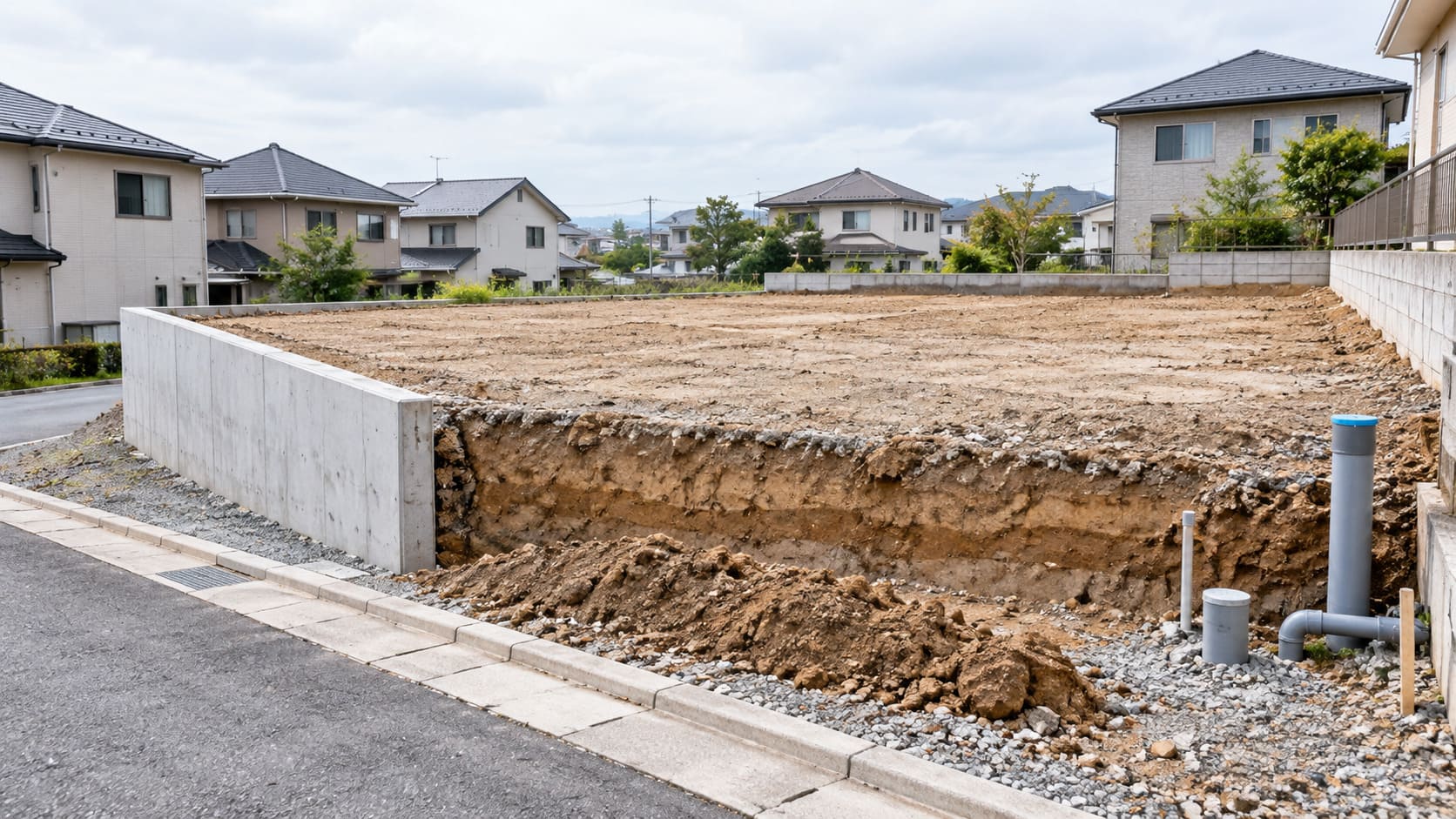 高低差のある住宅用地と擁壁、露出した土の断面や配管