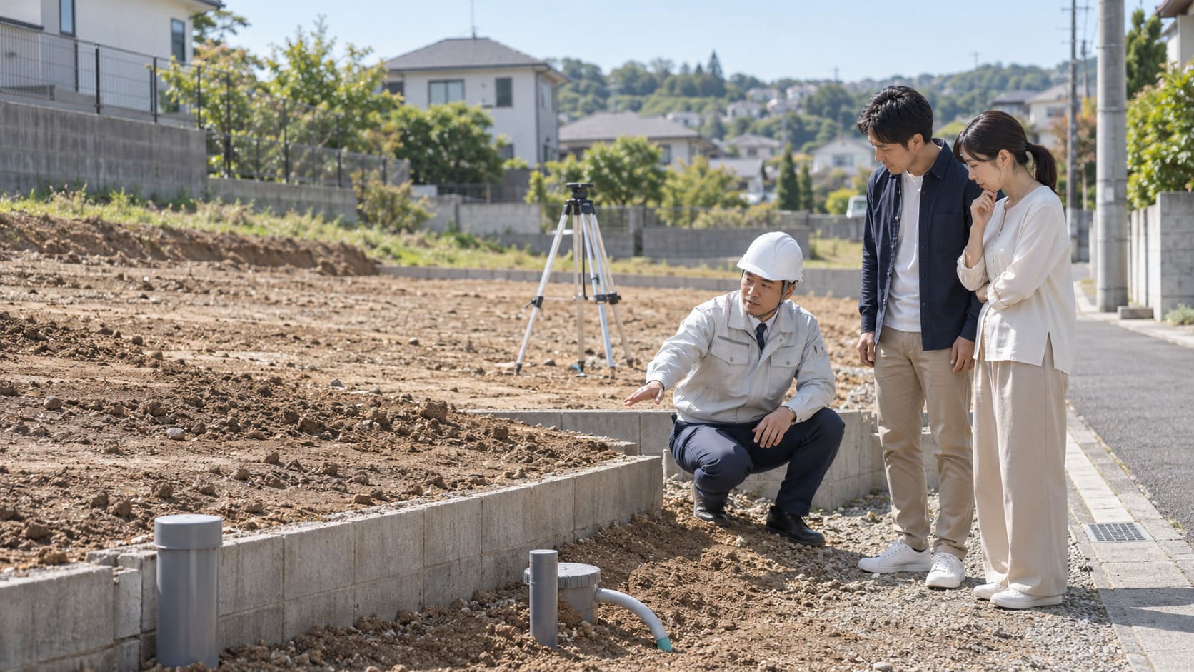 高低差のある住宅用地で地盤や敷地条件を確認する日本人夫婦と住宅担当者