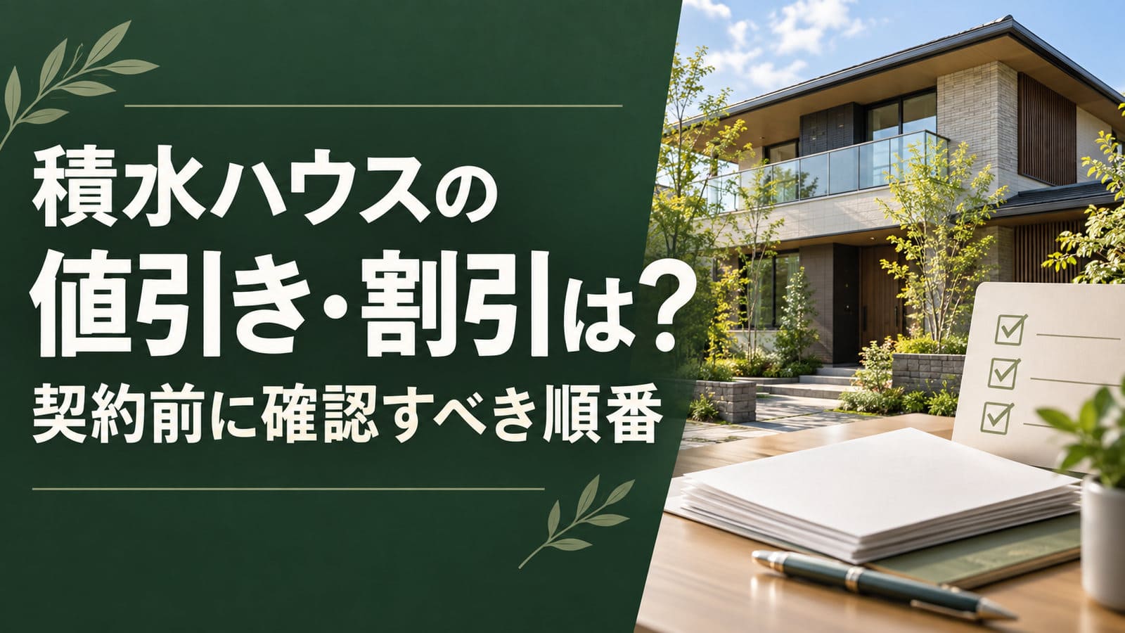 積水ハウスの値引き・割引と契約前に確認すべき順番を示す、戸建て住宅とチェックリストの画像
