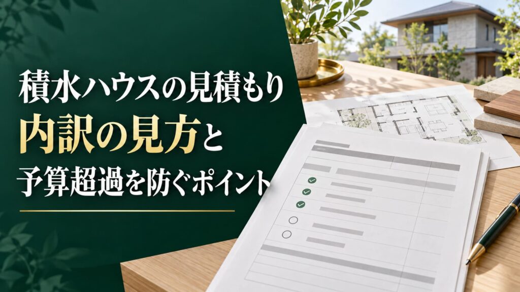 「積水ハウスの見積もり｜内訳の見方と予算超過を防ぐポイント」の文字と、見積書・間取り図・戸建て住宅を配したアイキャッチ画像
