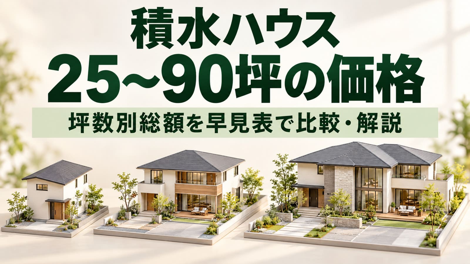 広さの異なる3棟の住宅模型を並べた、積水ハウス25〜90坪の価格と坪数別総額を比較するアイキャッチ画像