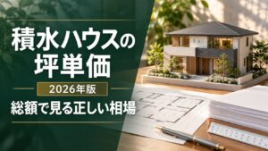 「積水ハウスの坪単価 2026年版｜総額で見る正しい相場」の文字と、住宅模型・間取り図を配したアイキャッチ画像