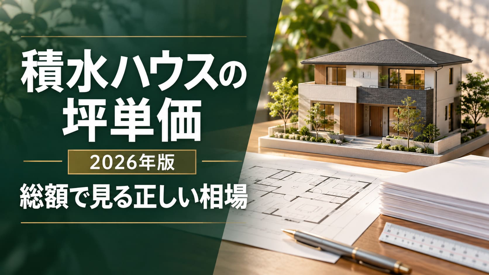 「積水ハウスの坪単価 2026年版｜総額で見る正しい相場」の文字と、住宅模型・間取り図を配したアイキャッチ画像