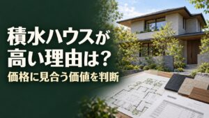 戸建て住宅と間取り図・外壁材の見本を背景に、「積水ハウスが高い理由は？価格に見合う価値を判断」と書かれたアイキャッチ画像