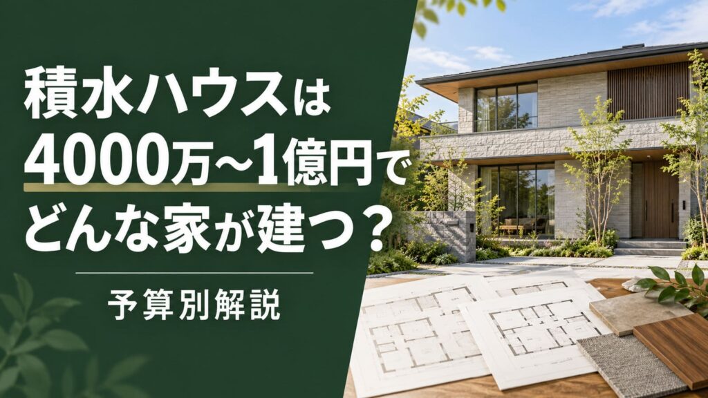 「積水ハウスは4000万〜1億円でどんな家が建つ？」の文字と、戸建て住宅の外観・間取り図