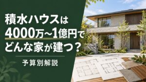 「積水ハウスは4000万〜1億円でどんな家が建つ？」の文字と、戸建て住宅の外観・間取り図