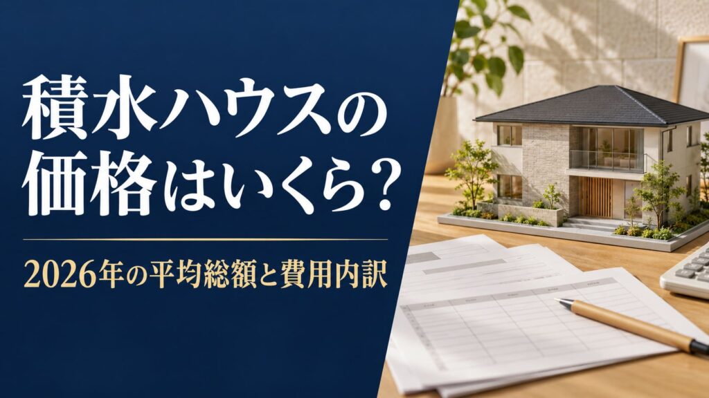 「積水ハウスの価格はいくら？2026年の平均総額と費用内訳」の文字と、住宅模型・資金計画書を描いたアイキャッチ画像