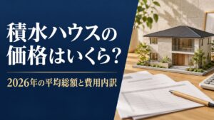 「積水ハウスの価格はいくら？2026年の平均総額と費用内訳」の文字と、住宅模型・資金計画書を描いたアイキャッチ画像