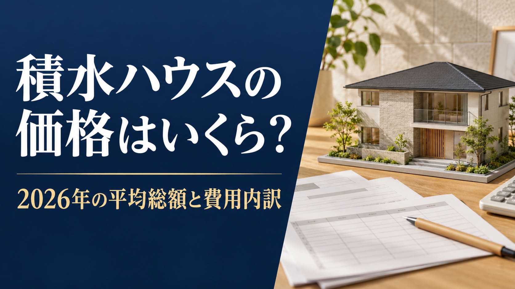 「積水ハウスの価格はいくら？2026年の平均総額と費用内訳」の文字と、住宅模型・資金計画書を描いたアイキャッチ画像