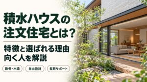 庭とつながるリビングを描き、積水ハウスの注文住宅の特徴・選ばれる理由・向く人を紹介するアイキャッチ画像